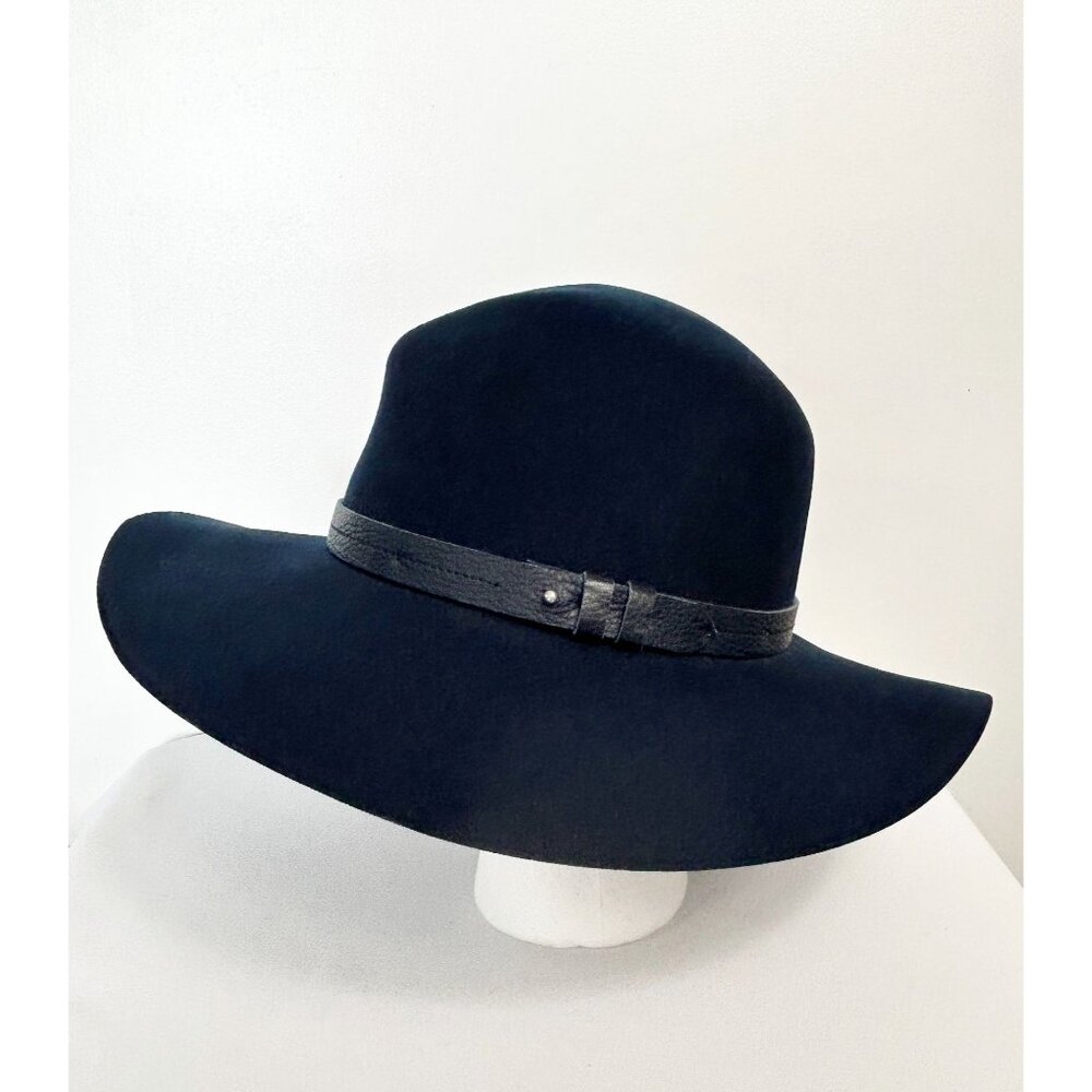Rag & Bone Leather Trim Wool Wide Floppy Brim Fedora Hat In Blue - Sz L